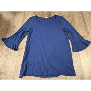 Judy P Blu Top Blouse Navy Blue 3/4 Sleeve Flutter Jersey Stretch Large Shirt
